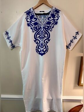 White Caftan with Blue Embroidered V-Neck